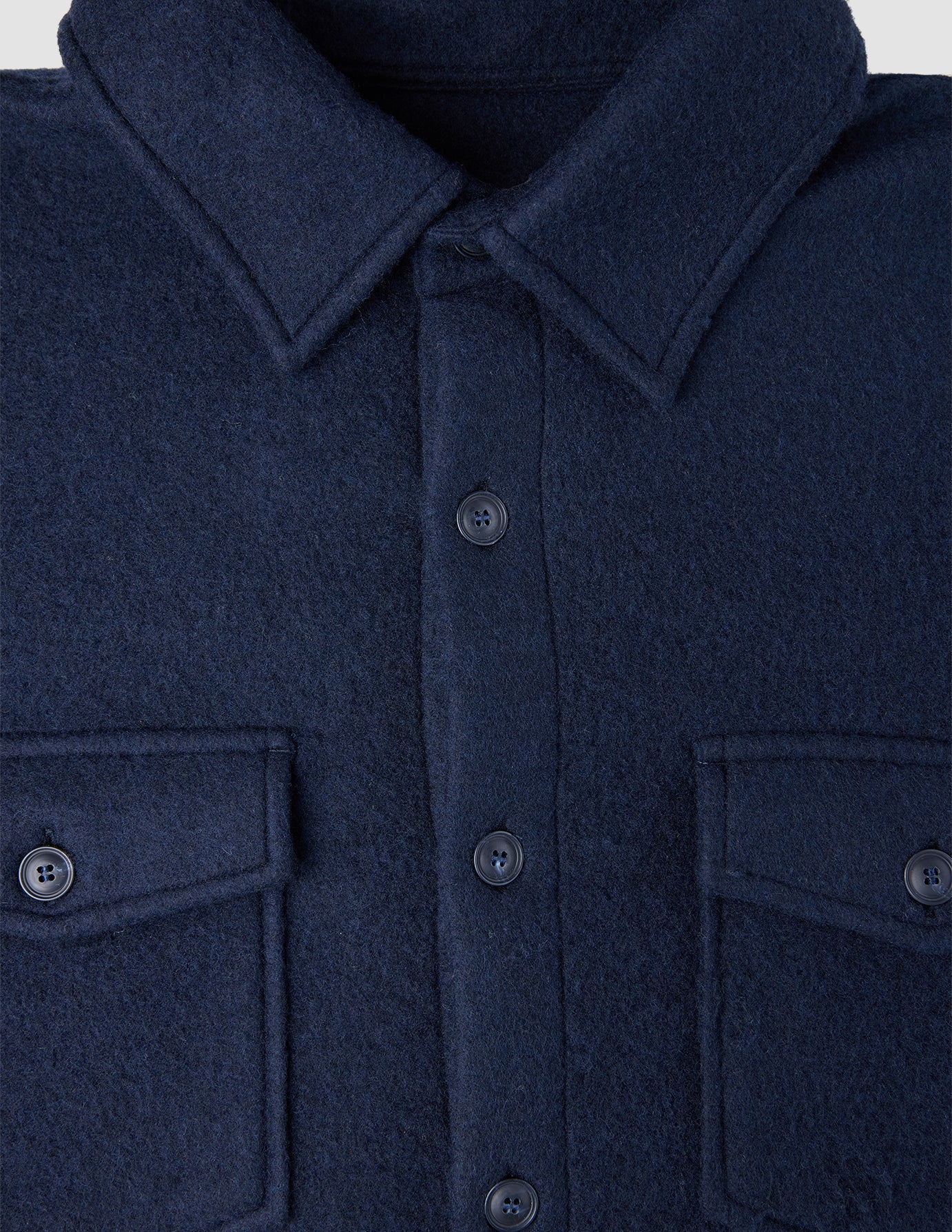 Dark navy Double Layer Wool Overshirt Regular Dark Navy with a collared neckline, central button placket, and two buttoned chest pockets, embodying a clean Scandinavian design.