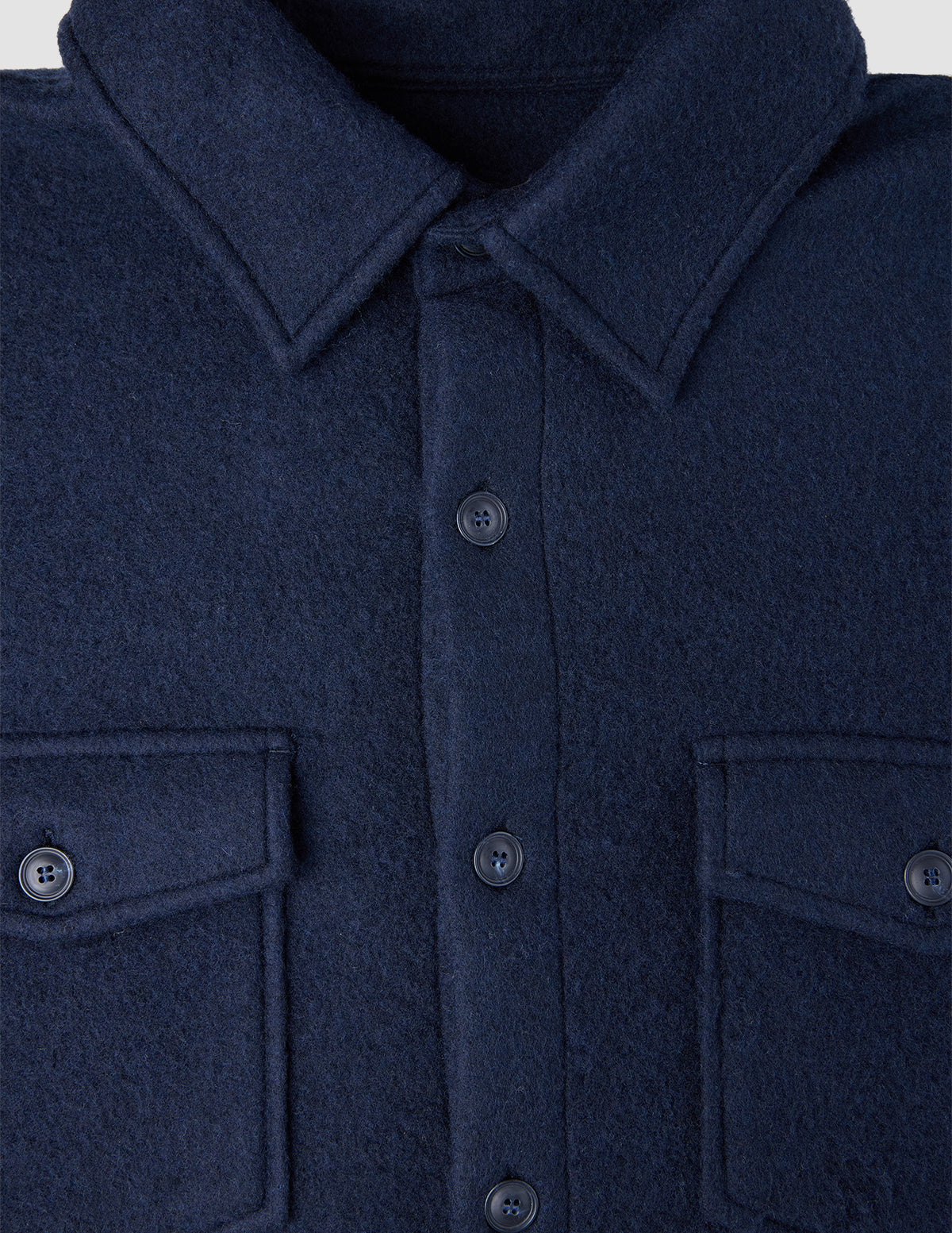 Dark navy Double Layer Wool Overshirt Regular Dark Navy with a collared neckline, central button placket, and two buttoned chest pockets, embodying a clean Scandinavian design.