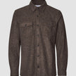 Double Layer Wool Overshirt Saddle Brown in a brown wool blend with a collar, long sleeves, and two buttoned chest pockets in a classic Scandinavian design.
