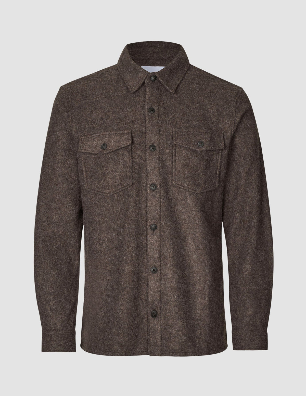 Double Layer Wool Overshirt Saddle Brown in a brown wool blend with a collar, long sleeves, and two buttoned chest pockets in a classic Scandinavian design.