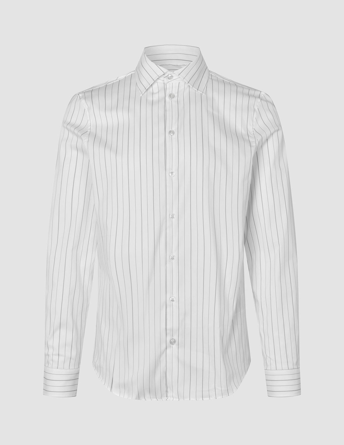 Elevated Shirt Slim Light Grey Striped, a slim fit, long-sleeved button-down shirt in white with thin grey vertical stripes, crafted from Pima cotton.
