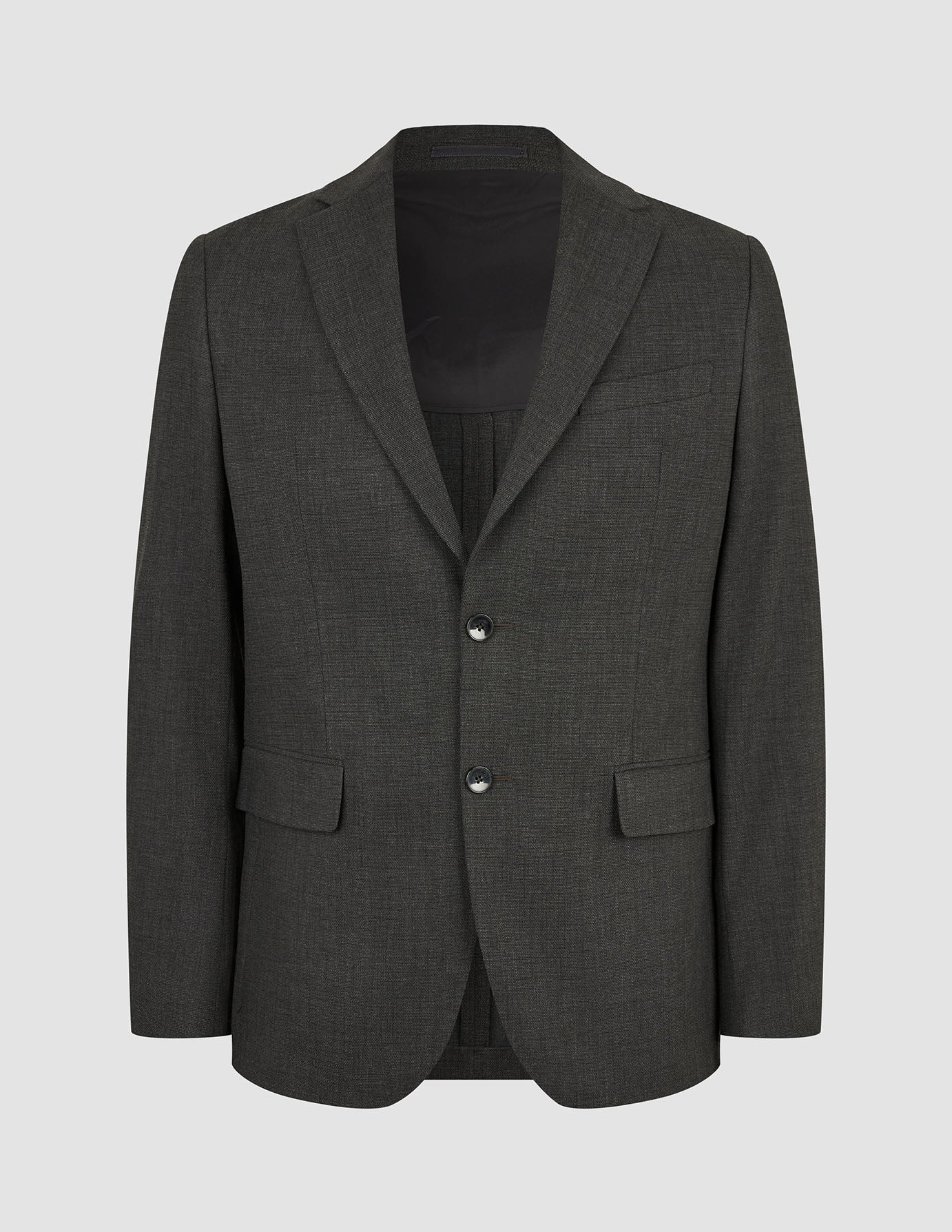 Motion Blazer Regular Pepper Grey two-button blazer in charcoal grey, featuring a lightweight, breathable fabric, notched lapels, and two flap pockets.