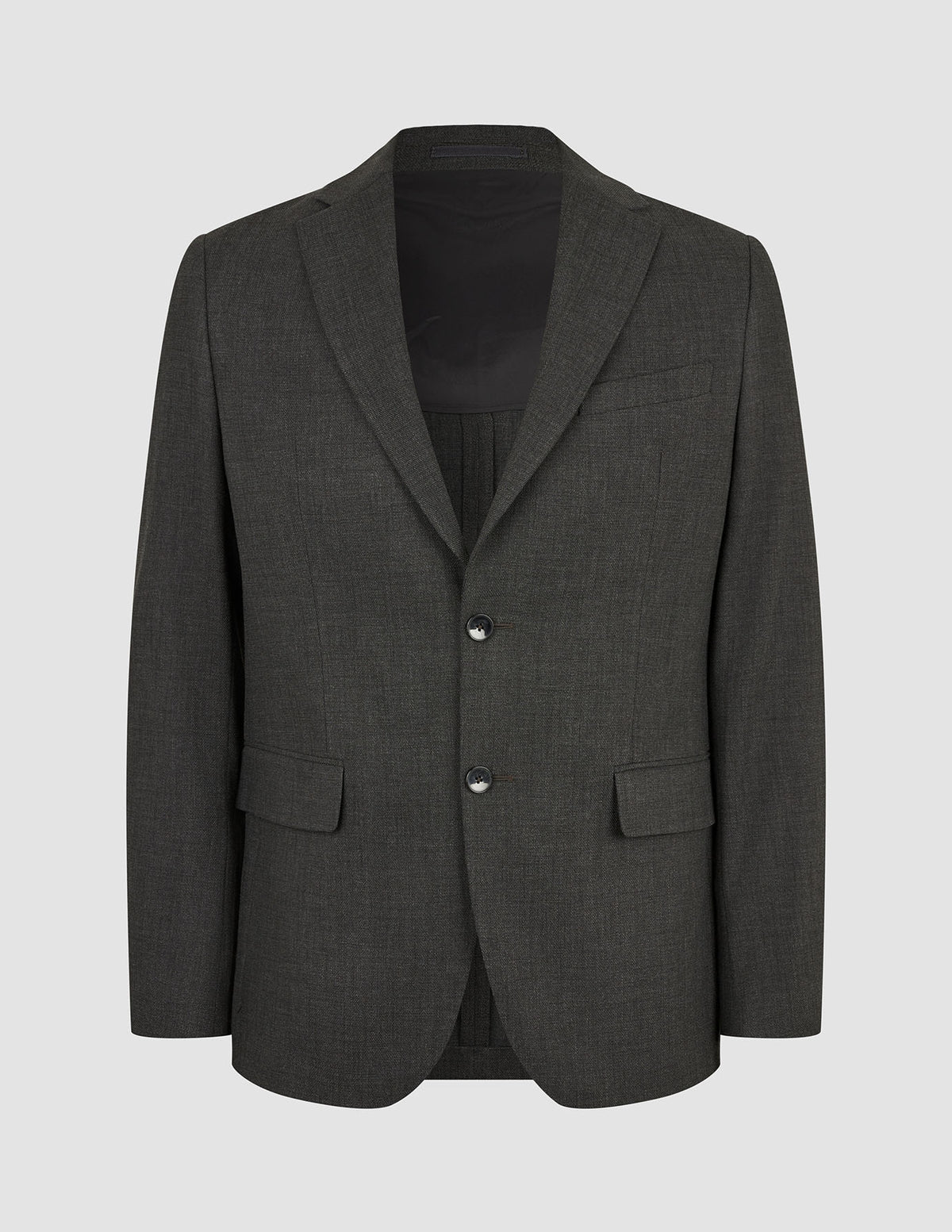 Motion Blazer Regular Pepper Grey two-button blazer in charcoal grey, featuring a lightweight, breathable fabric, notched lapels, and two flap pockets.