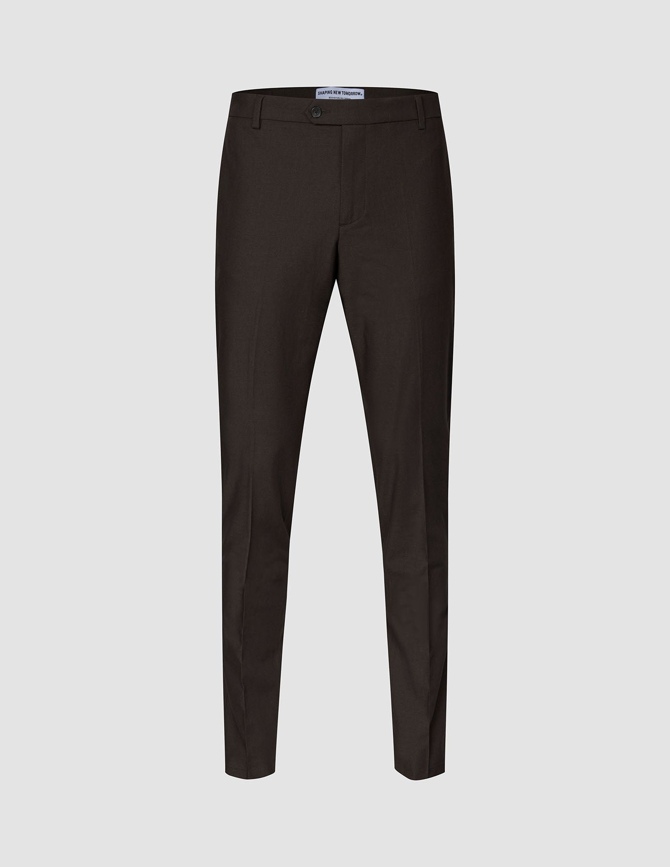 Motion Suit Pants Slim Cognac in dark brown, featuring a slim-fit cut with a button closure, belt loops, and 360° stretch.