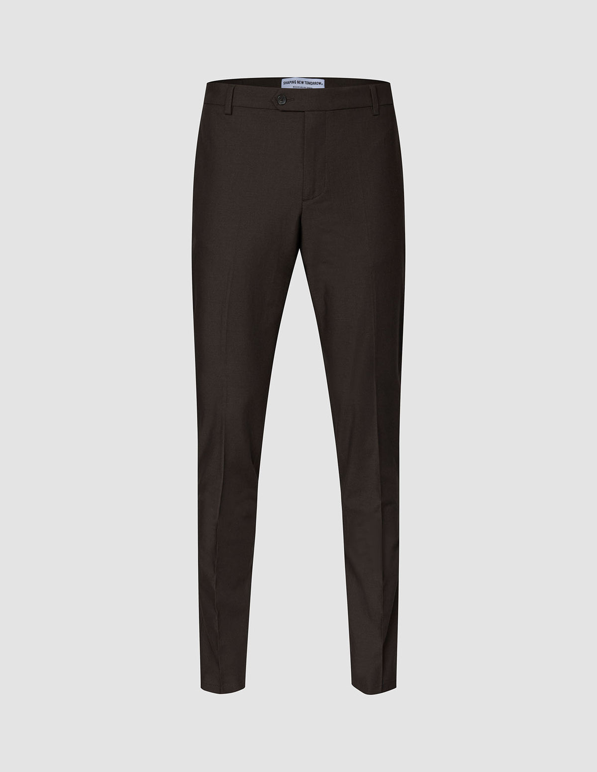 Motion Suit Pants Slim Cognac in dark brown, featuring a slim-fit cut with a button closure, belt loops, and 360° stretch.