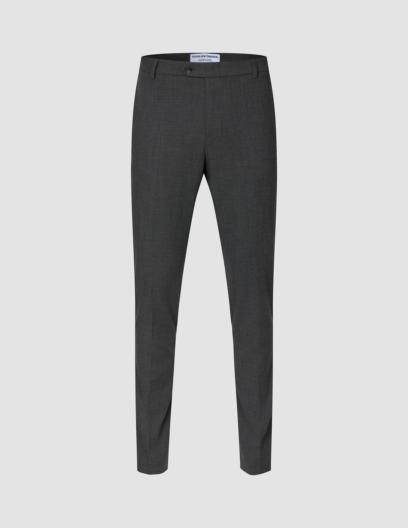 Motion Suit Pants Slim Pepper Grey slim-fit grey suit pants featuring breathable fabric, a button closure, and belt loops.