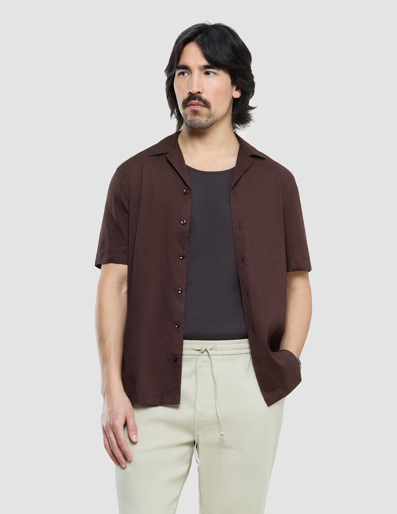 Refined Linen Bowling Short Sleeve Shirt Dark Brown