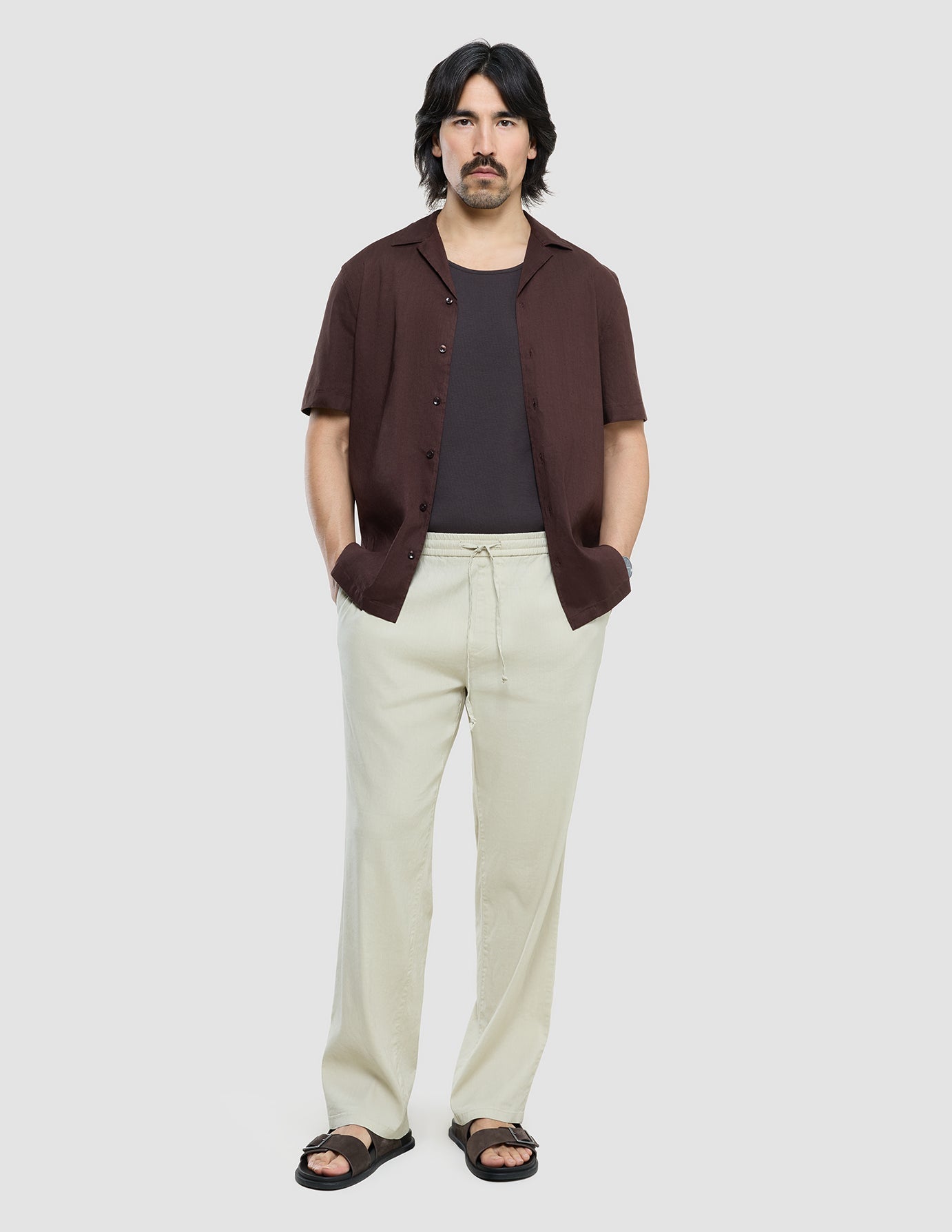 Refined Linen Bowling Short Sleeve Shirt Dark Brown