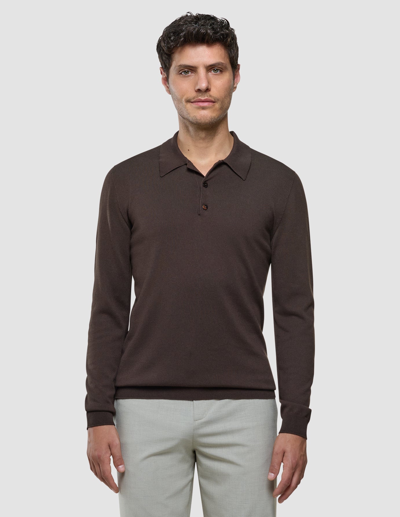 Seamless Core Knit Long Sleeve Polo Dark Brown