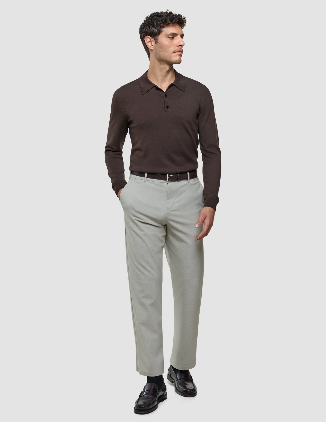 Seamless Core Knit Long Sleeve Polo Dark Brown