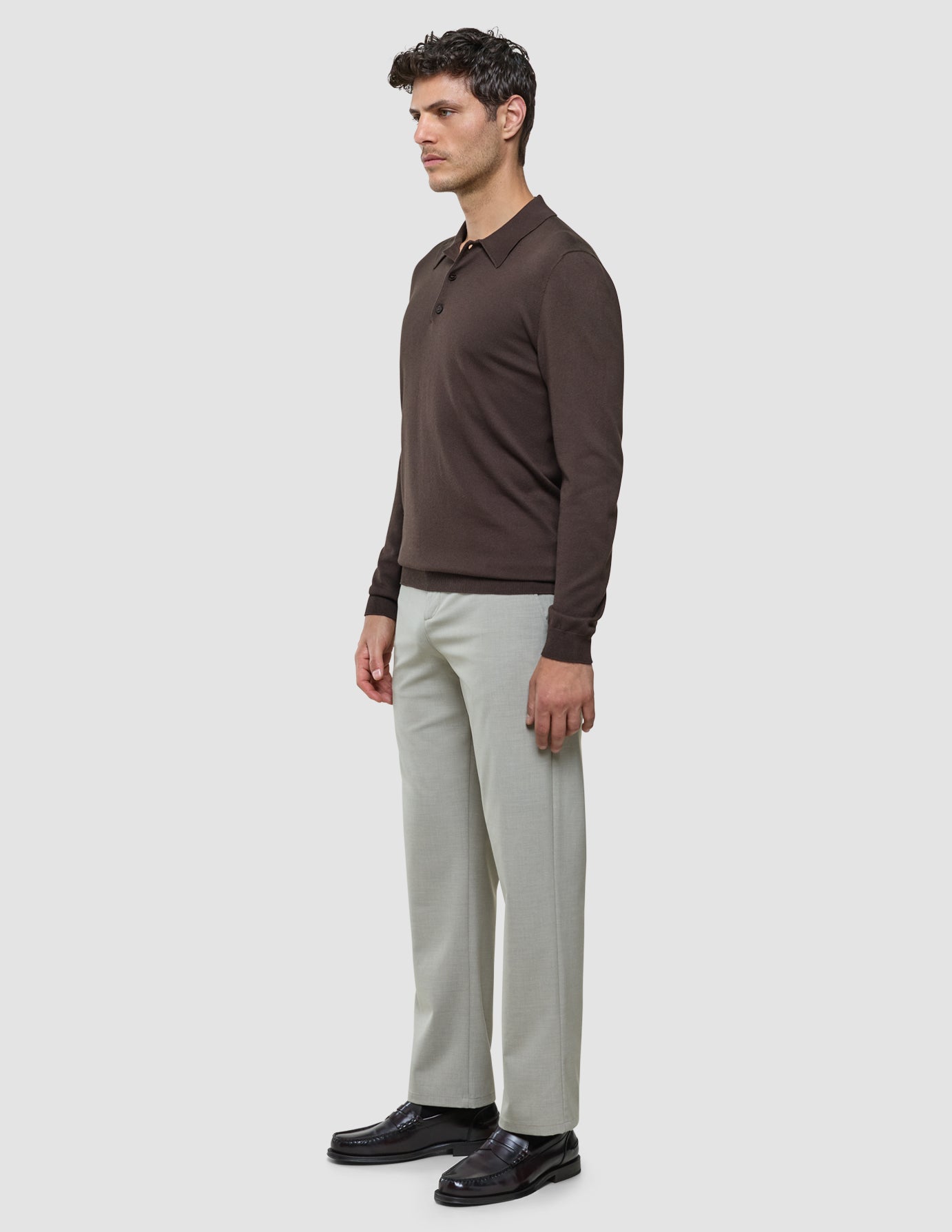 Seamless Core Knit Long Sleeve Polo Dark Brown