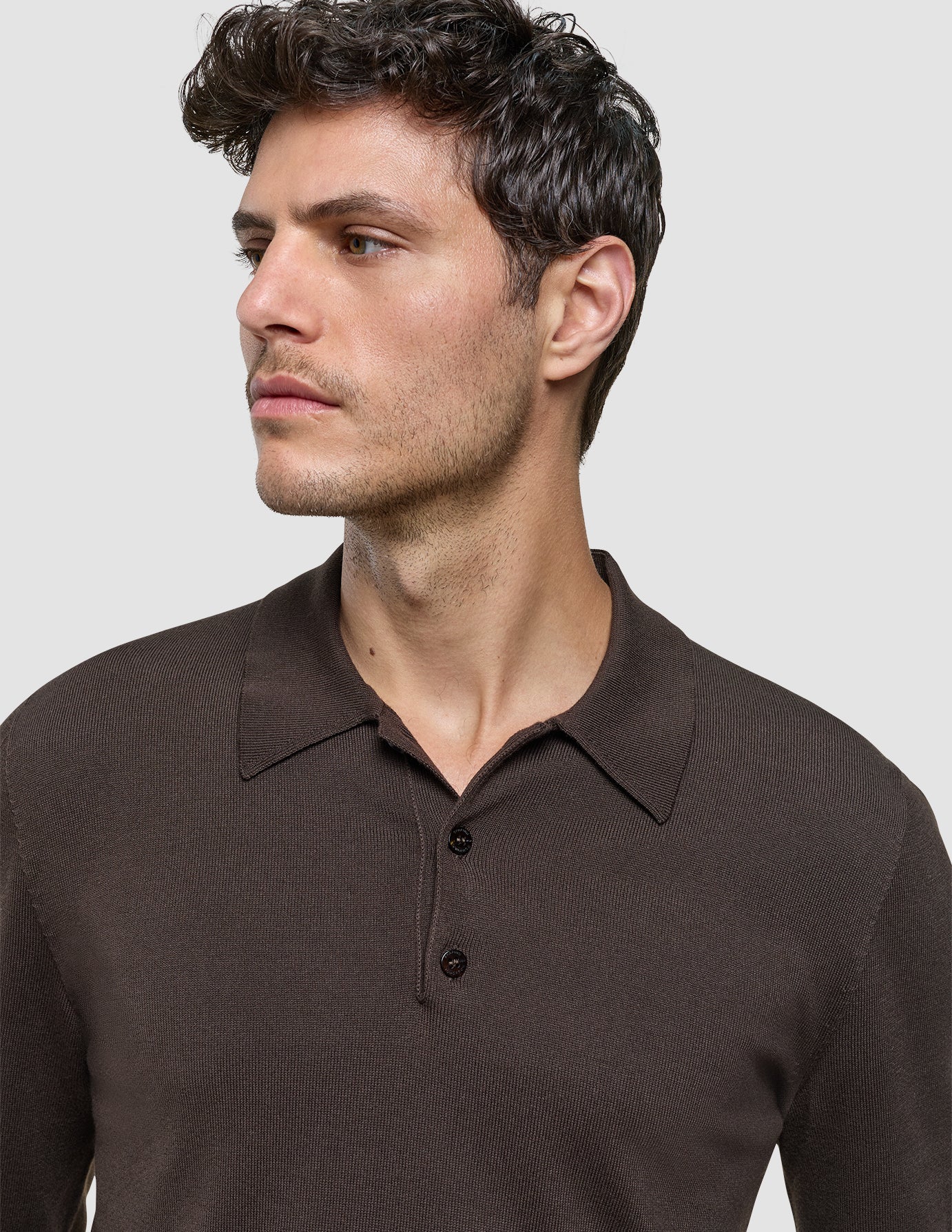 Seamless Core Knit Long Sleeve Polo Dark Brown