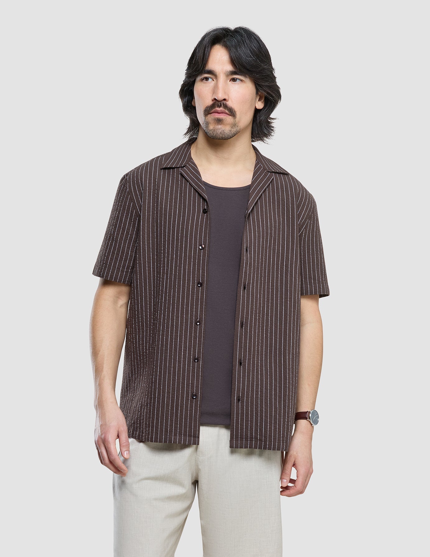 Seersucker Short Sleeve Shirt Cocoa Pinstripes