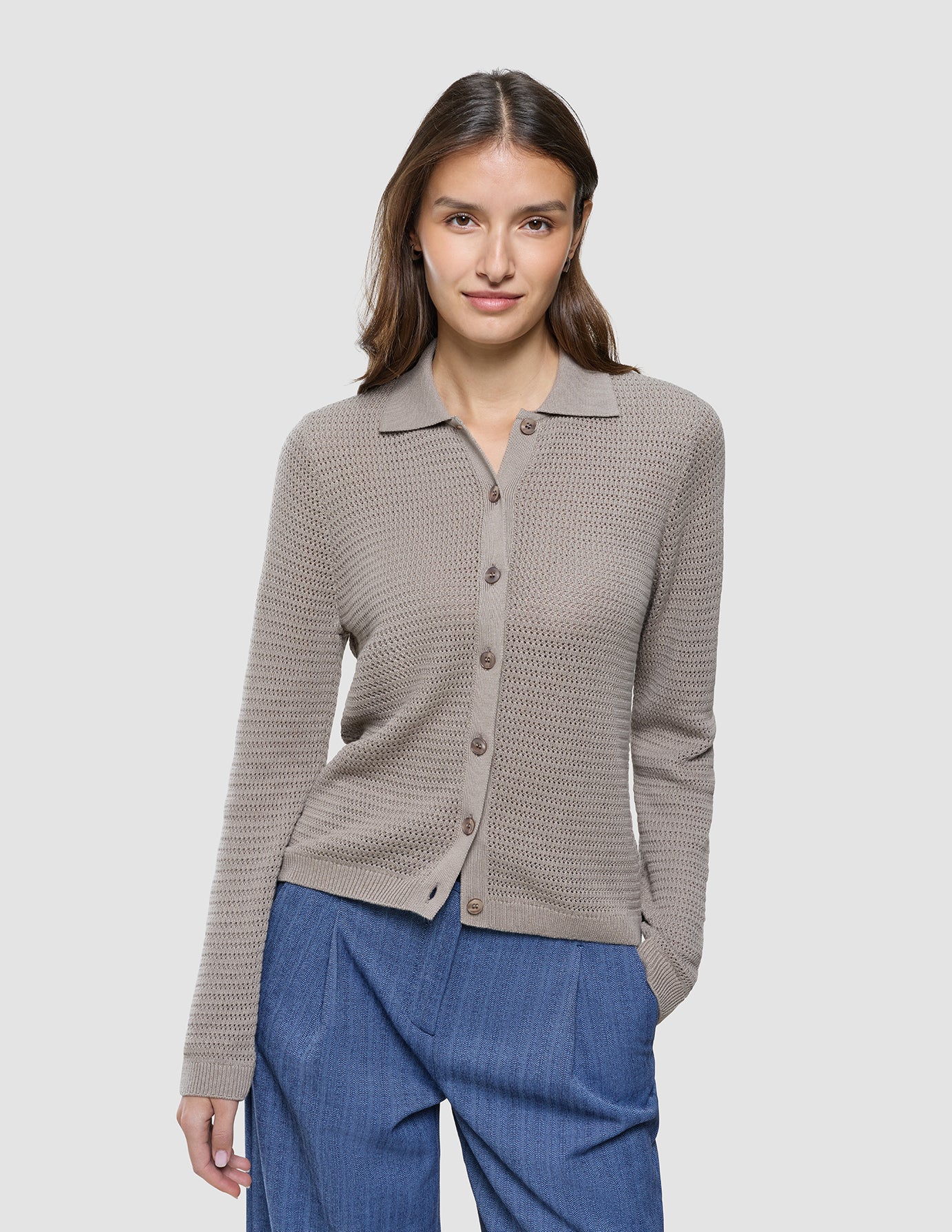 Women Structured Polo Long Sleeve Dark Sand