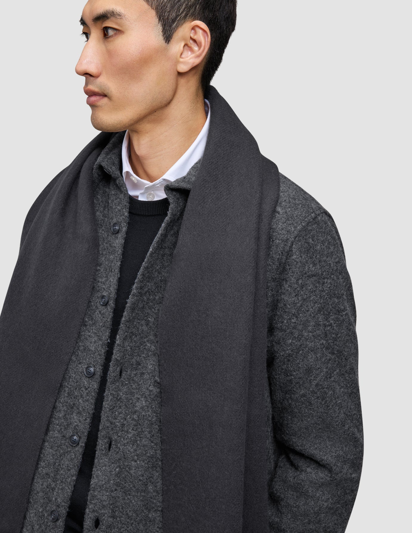 A person wearing a white collared shirt, a Premium Merino Knit sweater, and a charcoal grey Double Layer Wool Overshirt with a matching scarf, showcasing Layers that work.