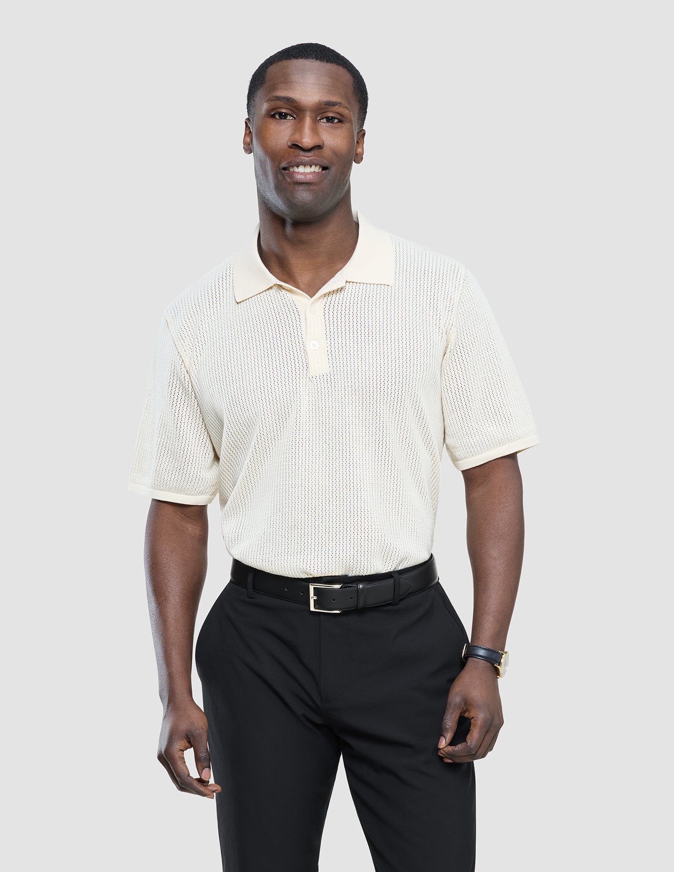 Textured Knitted Short Sleeve Polo Shirt Buttercream