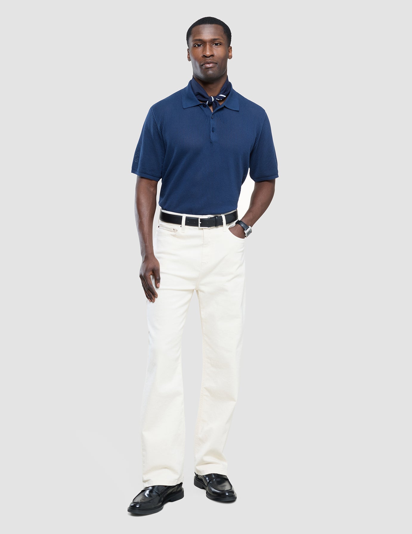 Textured Knitted Short Sleeve Polo Shirt Navy