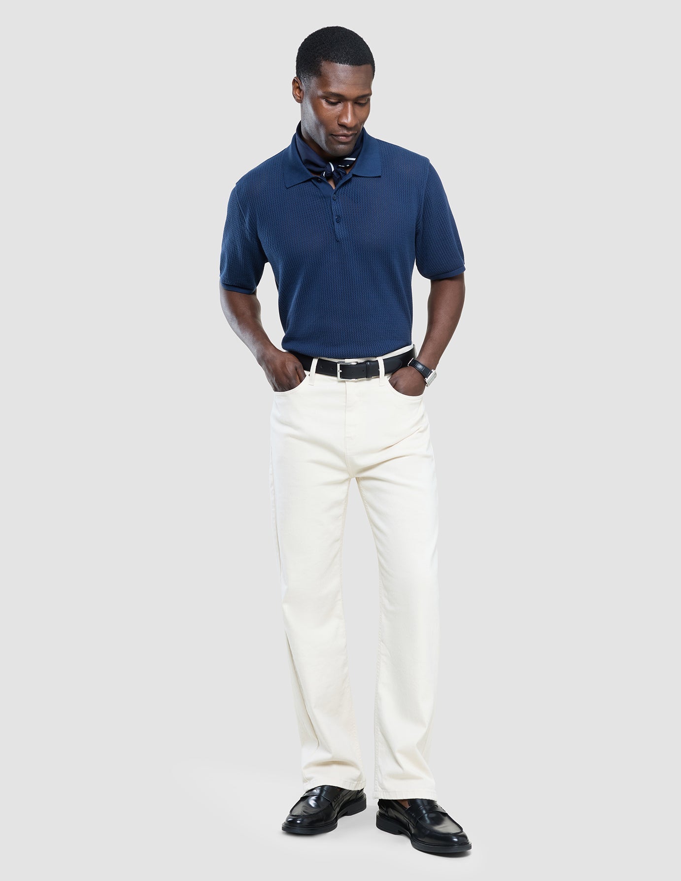 Textured Knitted Short Sleeve Polo Shirt Navy