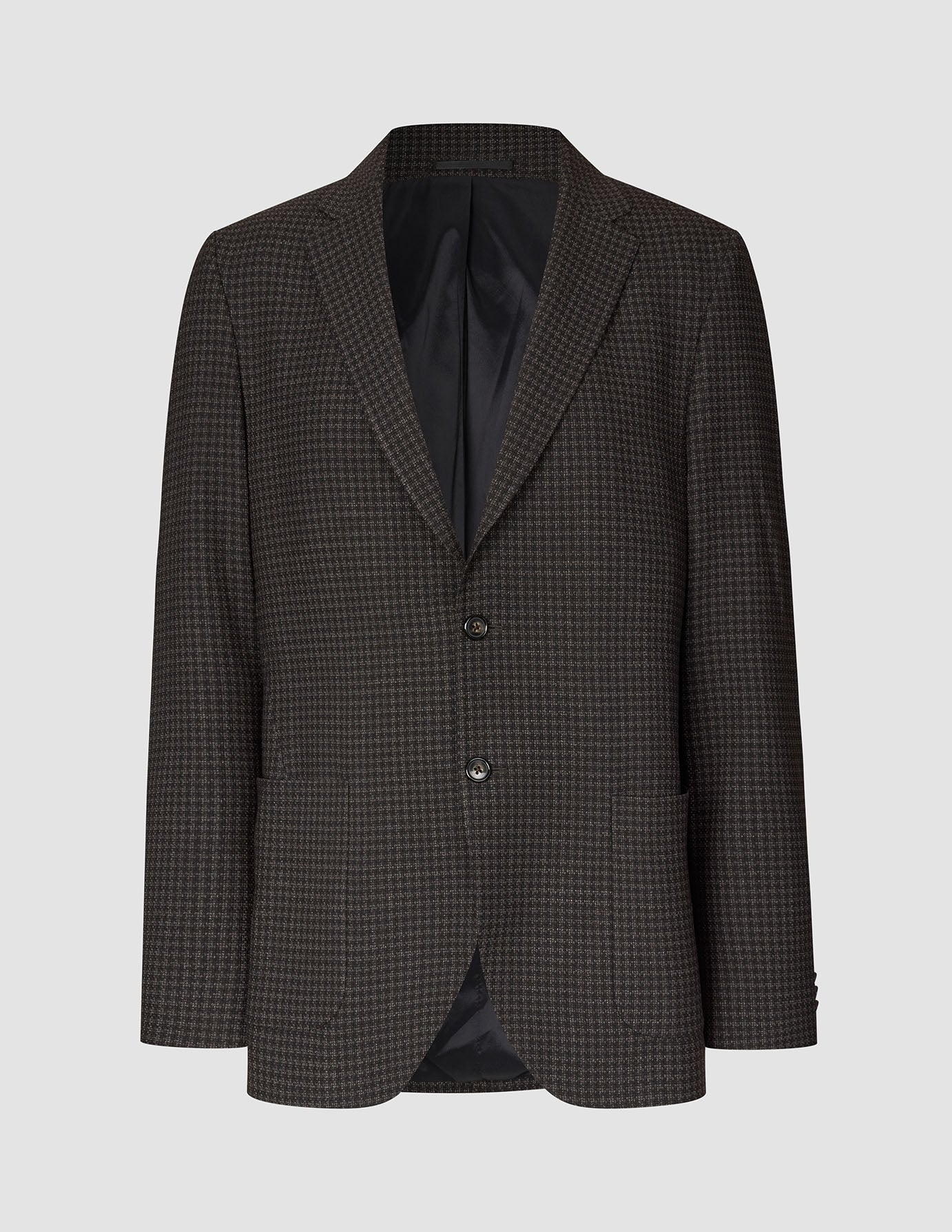 Timeless Wool Blazer Slim Dark Brown Check: a slim fit, dark brown two-button blazer in a Scandinavian design with a subtle checkered pattern and a black lining.