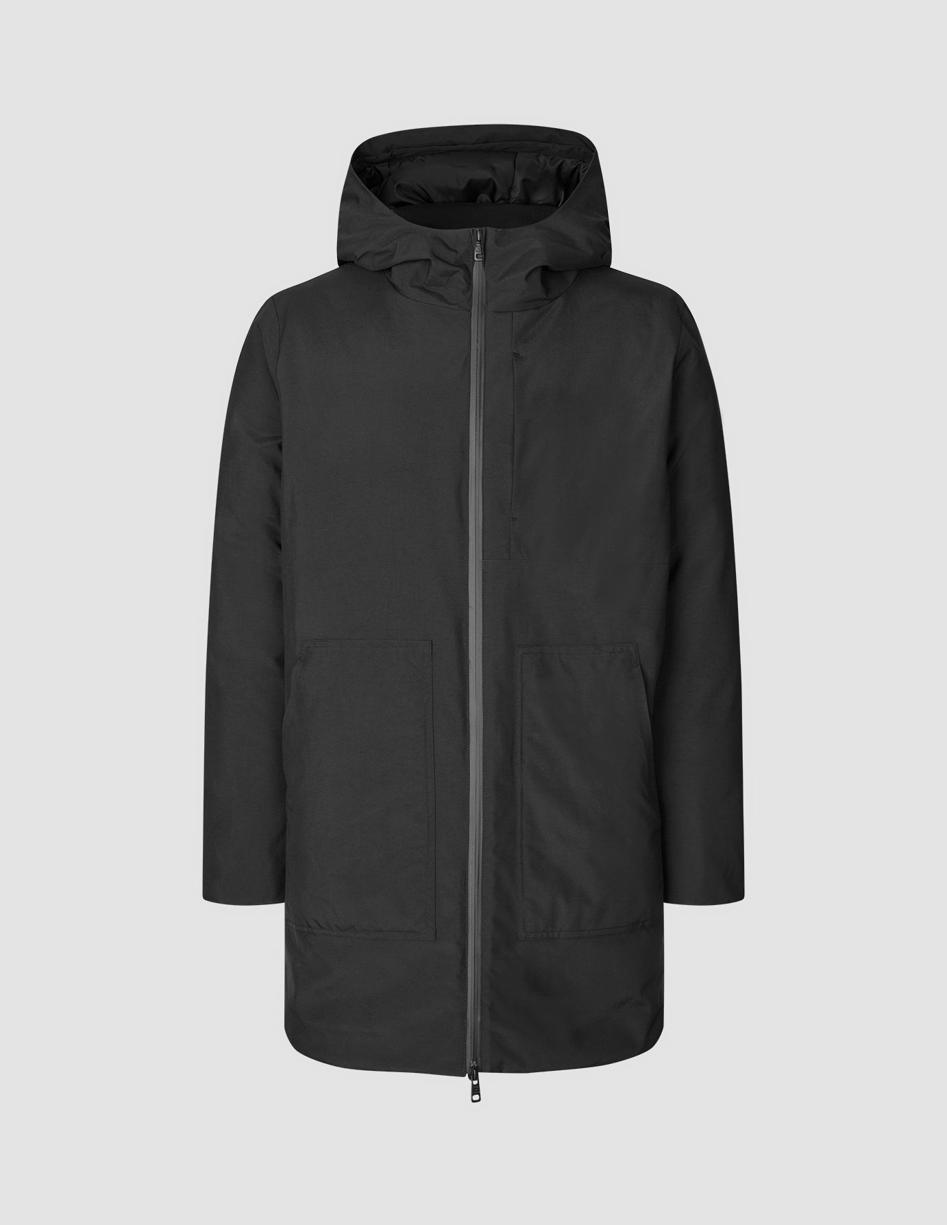 Black Utility Jacket Black featuring PrimaLoft insulation, a hood, a front zipper, and two large patch pockets.