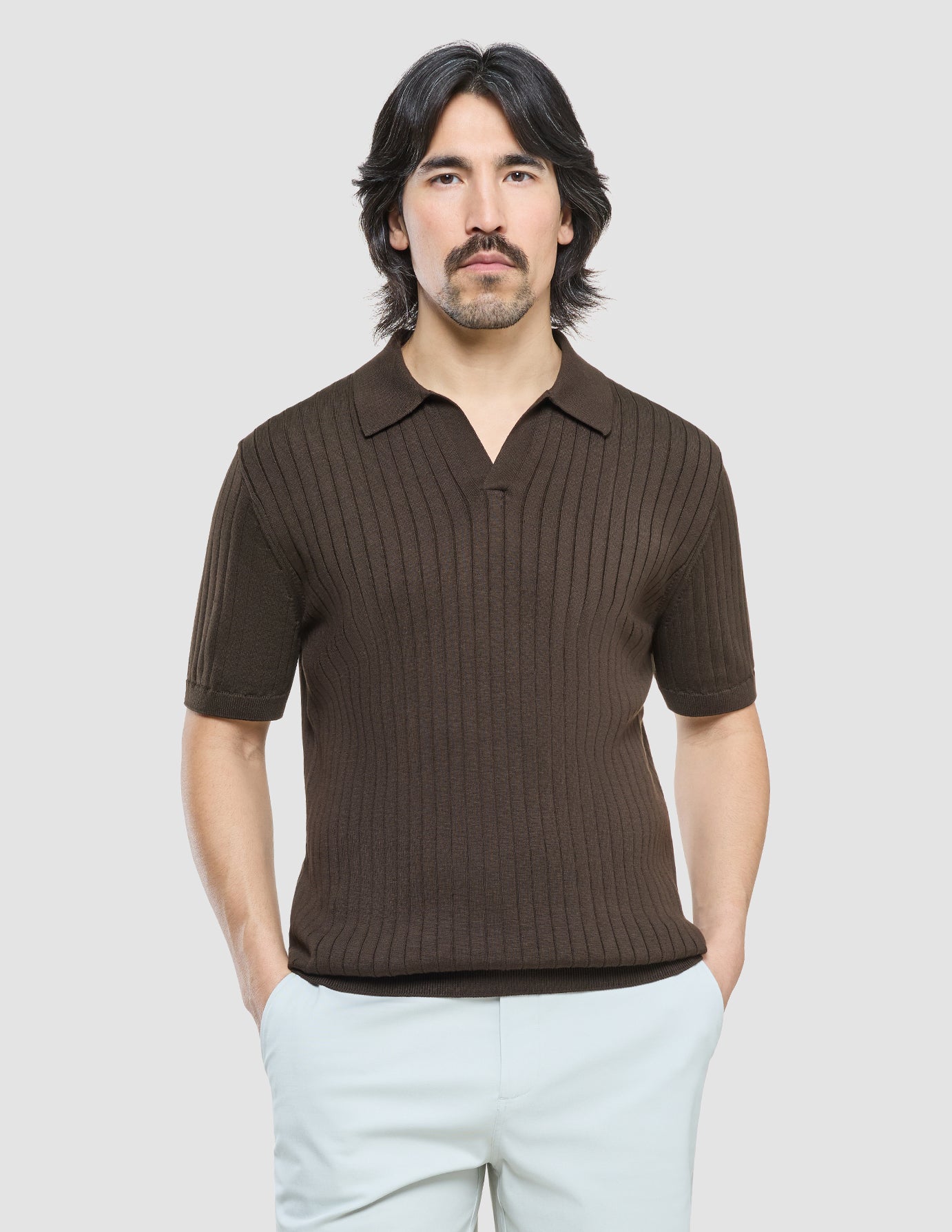 V-Neck Knit Short Sleeve Polo Dark Brown