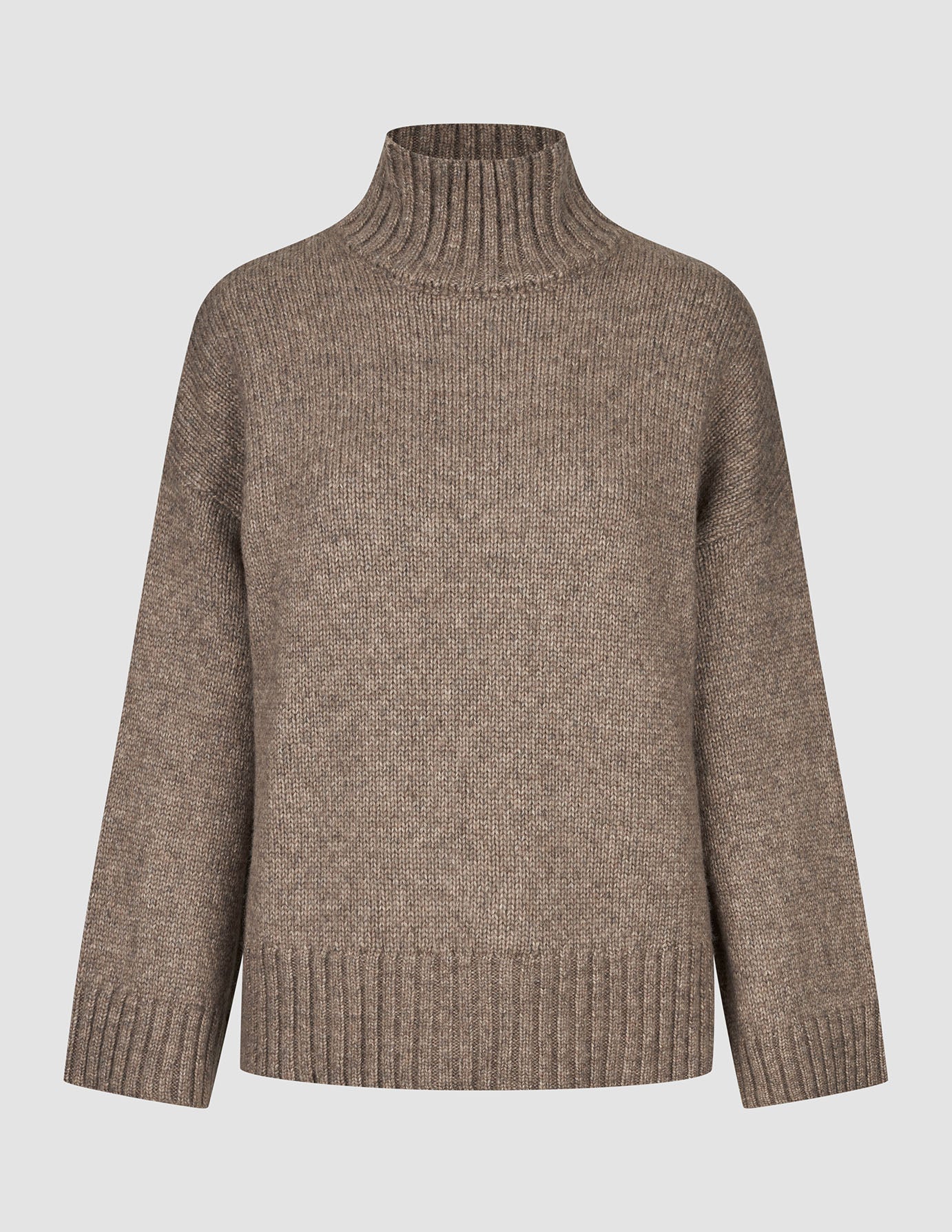 Women Chunky Soft Wool Knit Turtleneck Taupe Melange sweater with a chunky knit turtleneck, featuring a ribbed hem and cuffs.
