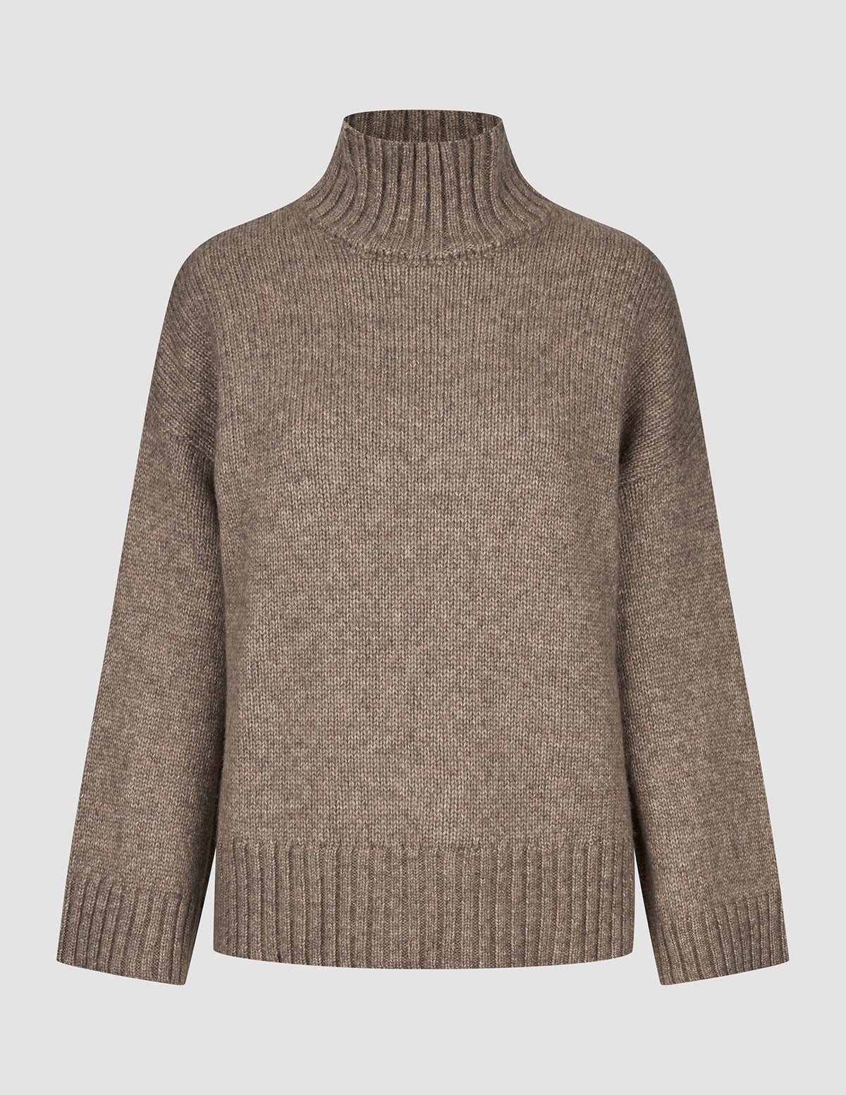 Women Chunky Soft Wool Knit Turtleneck Taupe Melange sweater with a chunky knit turtleneck, featuring a ribbed hem and cuffs.