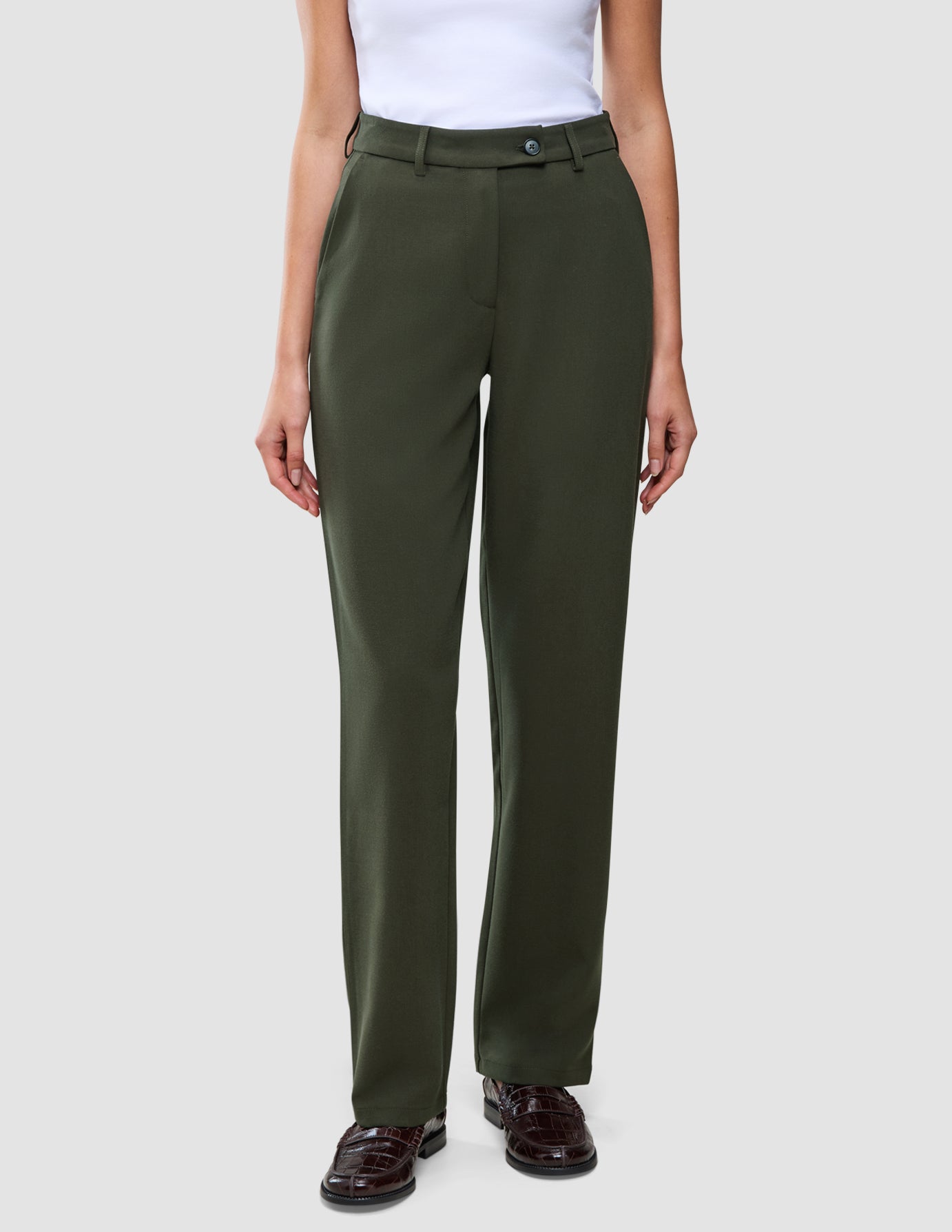 Women GO2 Pants Straight Dusty Olive high-waisted, olive green straight-leg trousers with a button closure and belt loops.