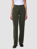 Women GO2 Pants Straight Dusty Olive high-waisted, olive green straight-leg trousers with a button closure and belt loops.