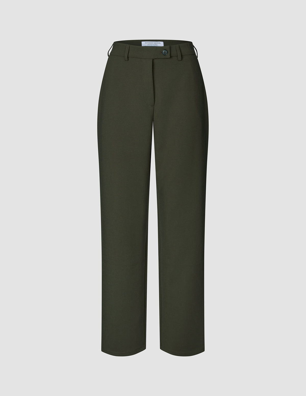Women GO2 Pants Straight Dusty Olive, high-waisted, straight-leg trousers in olive green with a button fly closure.