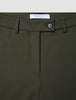 Women GO2 Pants Straight Dusty Olive high-waisted trousers in olive green, featuring a front zipper, a single button closure, belt loops, and a brand label stitched inside the waistband.