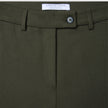 Women GO2 Pants Straight Dusty Olive high-waisted trousers in olive green, featuring a front zipper, a single button closure, belt loops, and a brand label stitched inside the waistband.