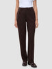 A person wearing Women GO2 Pants Straight Mocha high-waisted, dark brown straight-leg trousers and dark brown loafers.