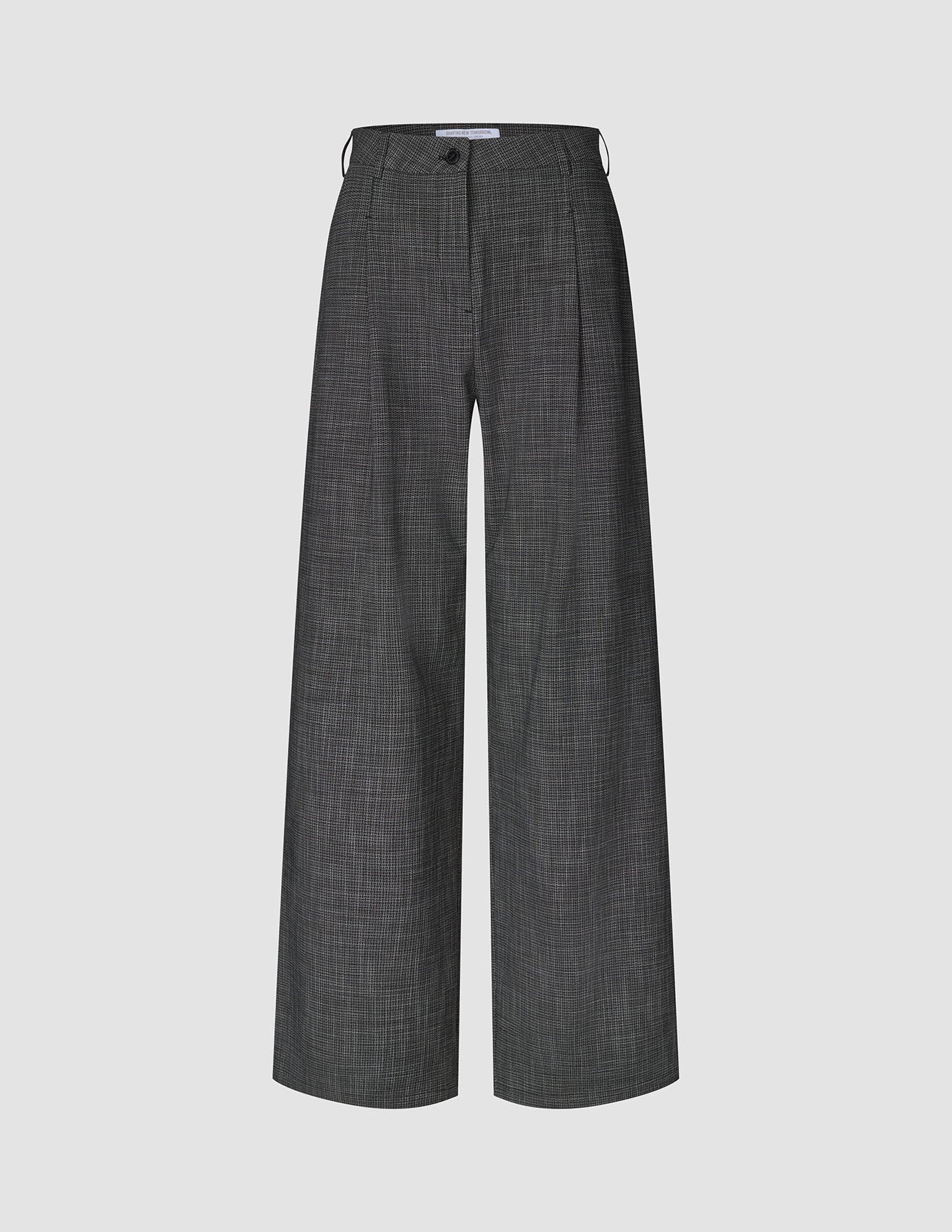 Women Nara Pants Wide Black Check high-waisted wide pants in a black and white micro-check pattern, featuring 360° stretch with a button and zip closure.