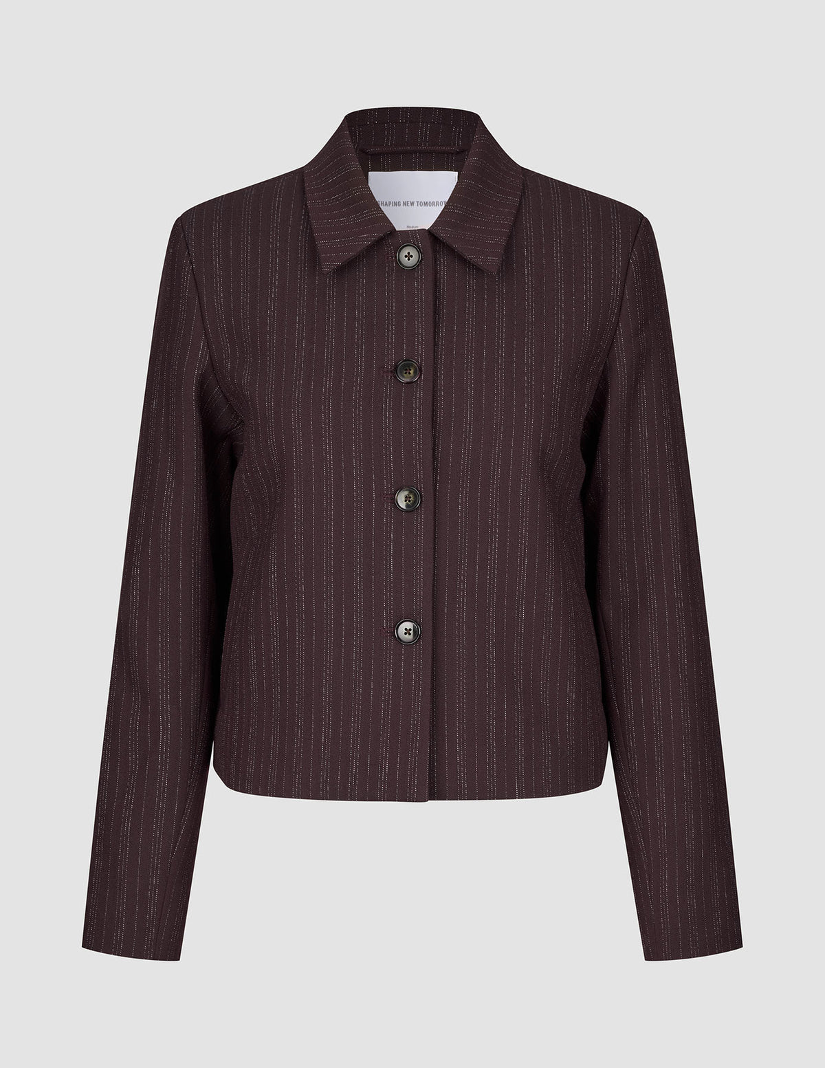 Women Serene Short Jacket in dark purple pinstripe, featuring a collar and a Scandinavian-inspired button-down design.