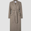 Women Wool Coat Greige in a taupe double-breasted Scandinavian design featuring a notched collar, flap pockets, and a matching fabric tie belt at the waist.