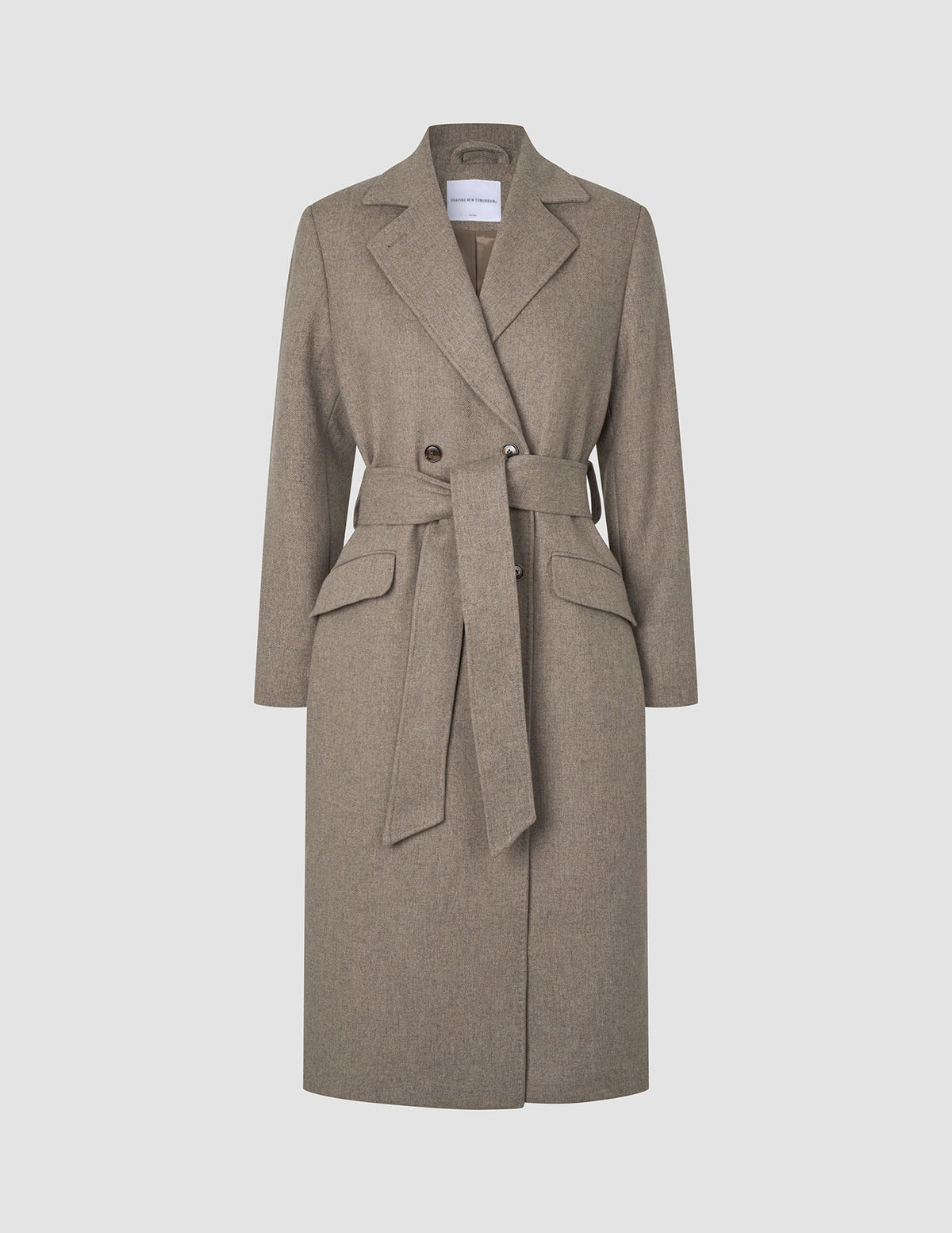 Women Wool Coat Greige in a taupe double-breasted Scandinavian design featuring a notched collar, flap pockets, and a matching fabric tie belt at the waist.